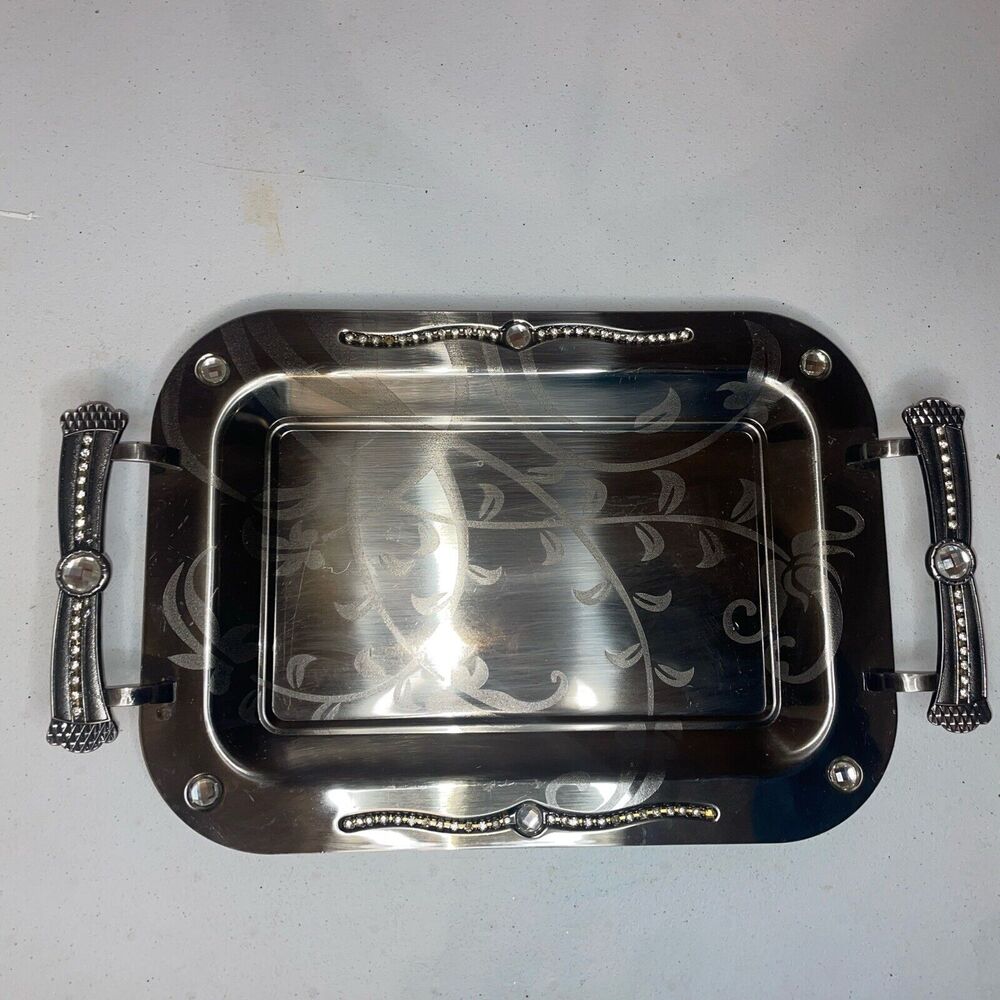 Middle Eastern Persian Metal Jeweled Tray 17” X 10” GUC